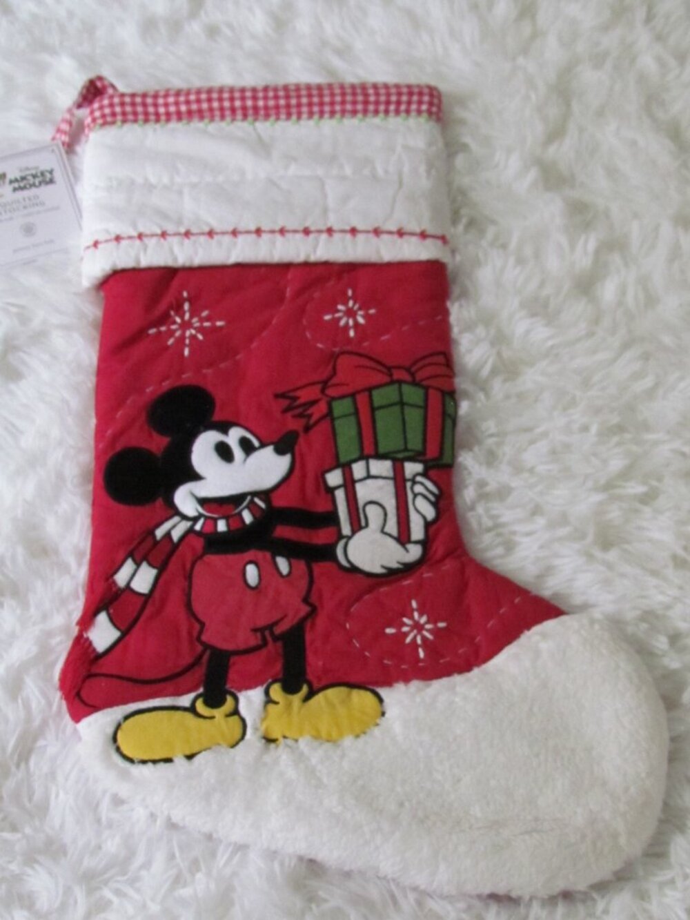 Pottery Barn Kids Mickey Mouse Red Quilted Christmas Stocking Gingham Edged NWT